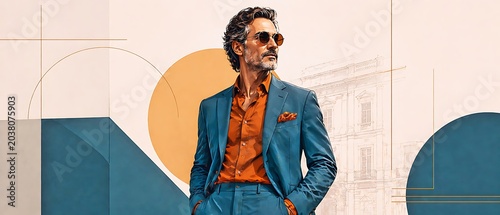 Handsome Mature Man In Elegant Blue Suit And Orange Shirt Over Geometric Background