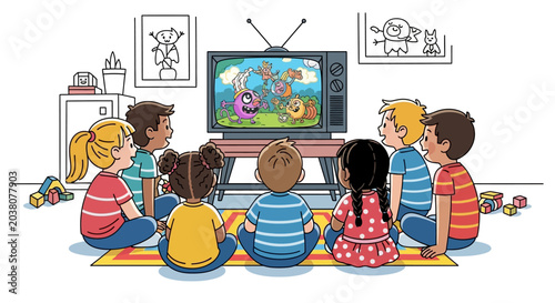 Group of diverse children watching television together on the floor.