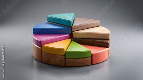 A colorful wooden pie chart toy on a grey background.