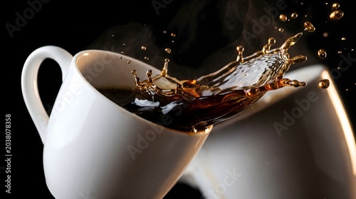 Dynamic splash of dark coffee pouring from a white ceramic cup against a black background.