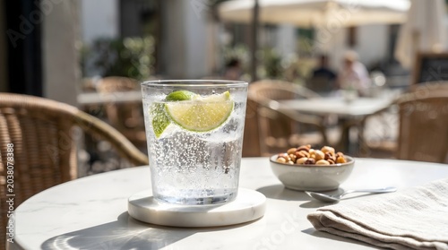 A refreshing glass of gin and tonic with lime on a sunny outdoor cafe table.
