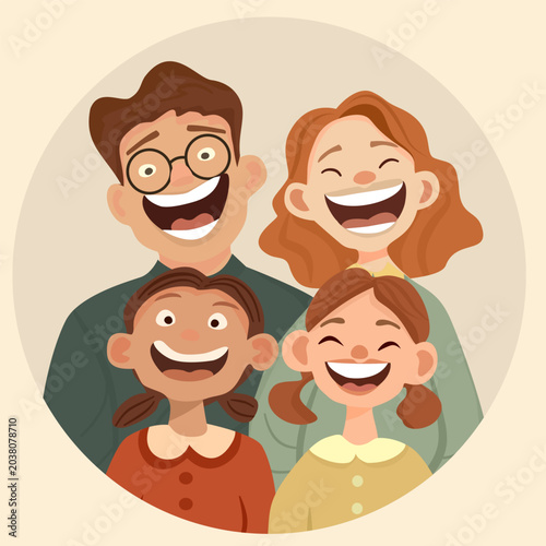 Vector illustration of a happy cartoon family with father, mother, and two daughters smiling together in a circle frame. Concept of love, family bonding, insurance, and domestic happiness.