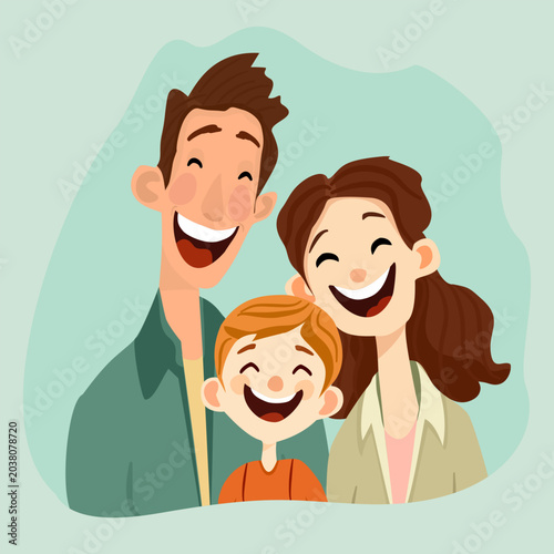 Vector cartoon illustration of a joyful family with father, mother, and young son hugging and smiling together. Concept of secure childhood, insurance protection, parenting, and happinees