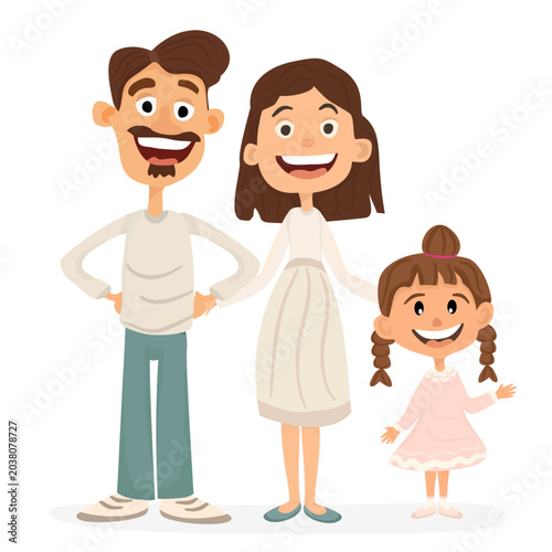 Vector cartoon family with father, mother, and young daughter standing and laughing together on a white background. Concept of happy parenting, family well-being, lifestyle, and saving.