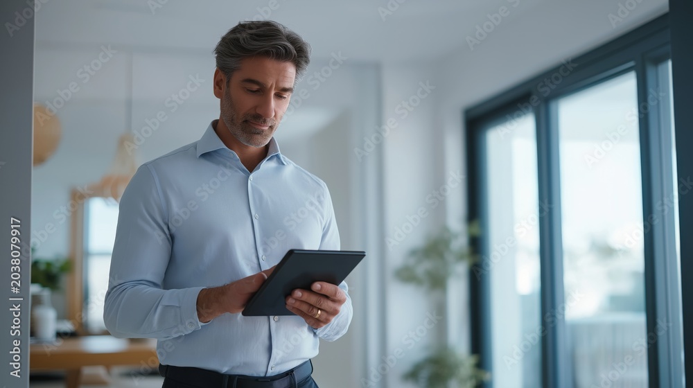 Fototapeta premium Business man using tablet in modern home interior, real estate agent reviewing market data with digital device
