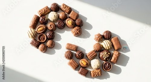 Assorted gourmet chocolate candies arranged in a unique S-shaped pattern on white surface.