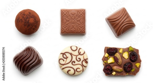 Assorted gourmet chocolate candies isolated on white background.