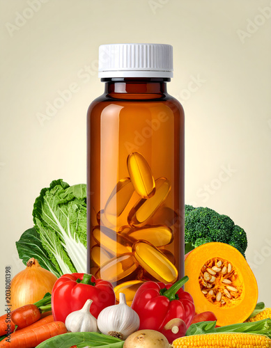 Natural Vitamin Capsules in Amber Bottle with Fresh Vegetables Background, Healthy Lifestyle Concept

