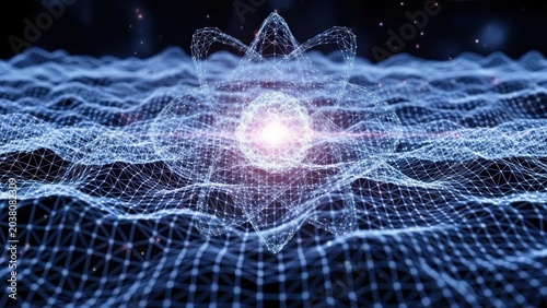 A glowing white orb surrounded by a mesh of blue lines and a lotus-like structure on a dark background