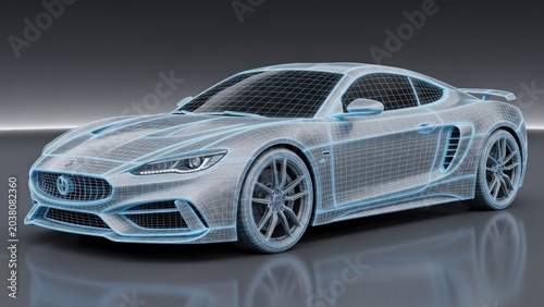 A sleek, silver sports car with blue outlines and grid patterns on a dark background