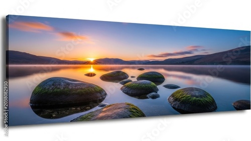 A serene lake scene at sunset with mossy rocks in the foreground