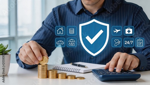 Man stacking coins with insurance shield icon, financial planning and asset protection concept including health travel home coverage for savings investment and money management