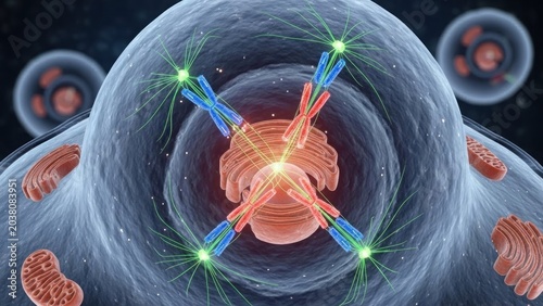 A digital illustration of a cell with a swirling blue and white outer layer and a pink center, featuring green sparks and blue and red lines