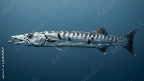 Sharp barracuda predator swimming alone in deep blue clear tropical ocean water.