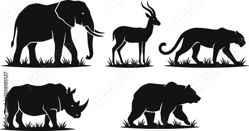 Canvas Print African, wildlife, silhouettes, set, including, elephant, rhino, leopard, gazelle, and, bear, icons, isolated, on, white, background, for, nature, design, projects