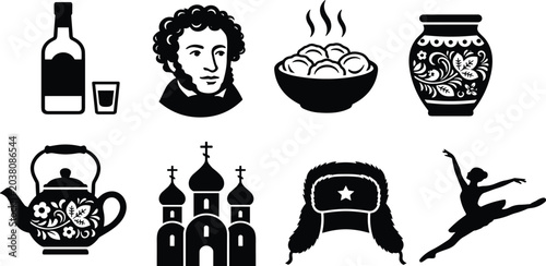 Tableau sur toile Russian, culture, icons, set, featuring, vodka, Pushkin, dumplings, traditional, vase, samovar, church, ushanka, hat, and, ballet, dancer, isolated, on, white, background