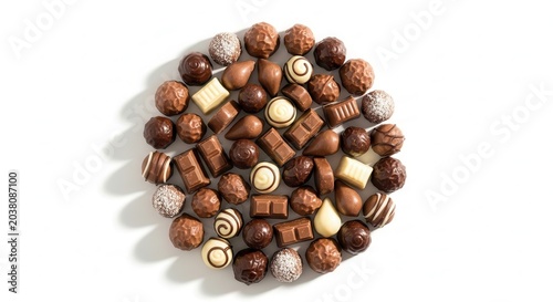 Assorted gourmet chocolate truffles and candies piled in a circle on white background.