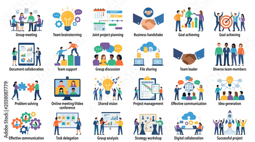 Business teamwork and collaboration concept illustrations showing diverse team members working together on projects achieving goals and succeeding