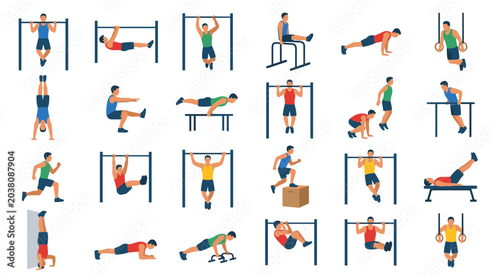 Fototapeta premium Diverse group of athletic men performing various bodyweight exercises on gym equipment, showcasing strength training and fitness routines