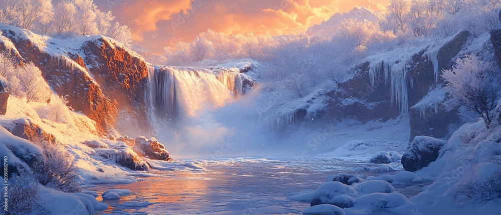 Obraz premium Frozen waterfall winter sunset landscape, icy river