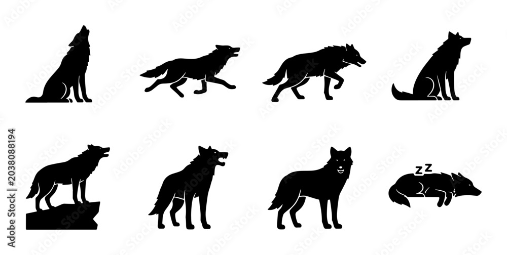 Fototapeta premium Wolf Silhouettes Vector Pack: Howling, Running, Standing, Sleeping Animal Icons for Wildlife and Nature Designs
