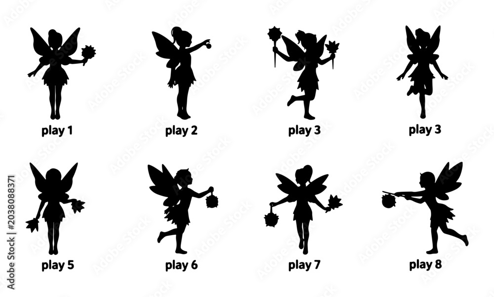 Fototapeta premium Set of 8 Black Silhouette Fairies, Magical Fantasy Characters, Whimsical Flying Sprites, Playful Poses, Vector Graphics for Children's Designs