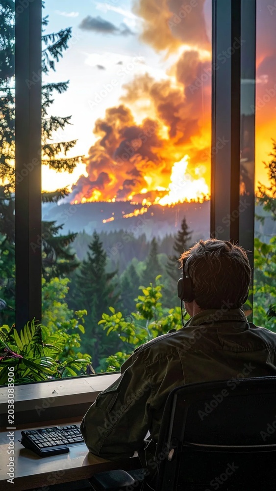Fototapeta premium Person watches wildfire from inside a building.
