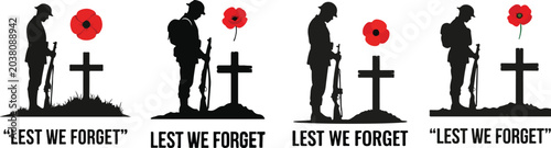 Kneeling Soldier Silhouette at Cross with Red Poppies – Remembrance Day Memorial Vector Illustration .
