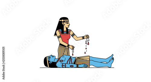 Schilderij op canvas Ancient Egyptian Woman Performing Ritual, Mummification Preparation