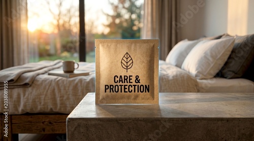 Eco friendly care and protection product packet on a concrete nightstand in a warm cozy bedroom background for sustainable health, intimacy, and wellness advertising.