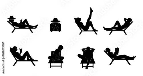 Schilderij op canvas Relaxing Silhouette Collection: Diverse Poses on Loungers, Beach Chairs, and Sto
