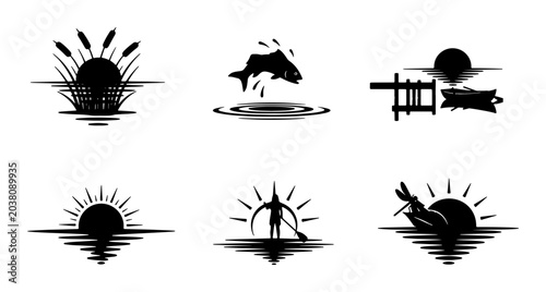 Canvas Print Vector Fishing Icons Set, Sunset Lake Scenes, Fisherman Silhouette, Carp Jumping