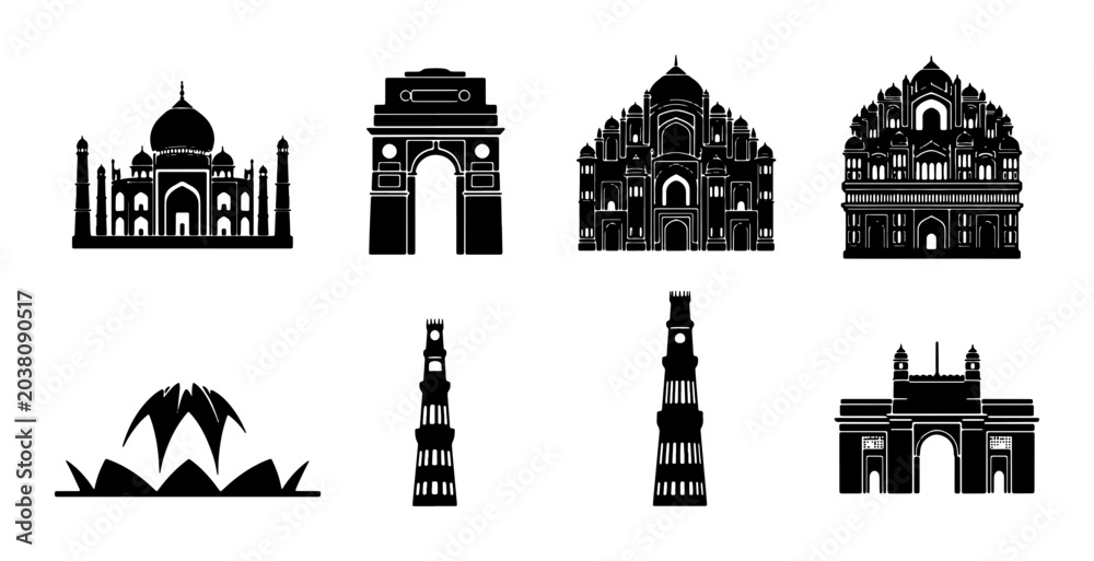 Naklejka premium Indian Landmarks Silhouette Collection, Iconic Architecture Vector Icons, Taj Mahal, India Gate, Hawa Mahal, Qutub Minar, Lotus Temple, Travel Destination Symbols, Black and White Design Elements