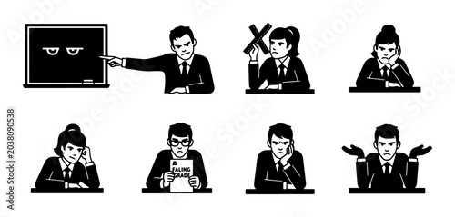Foto Business Icons Set: Diverse Employee Emotions, Teacher, Student, Skepticism, Con