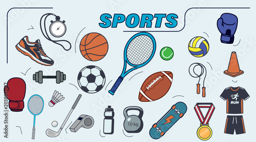 Fotografie Set of sports equipment and fitness icons in vector style, soccer, basketball, b