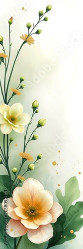 Whimsical watercolor background featuring delicate green botanicals and subtle gold glitter accents, green, elegant