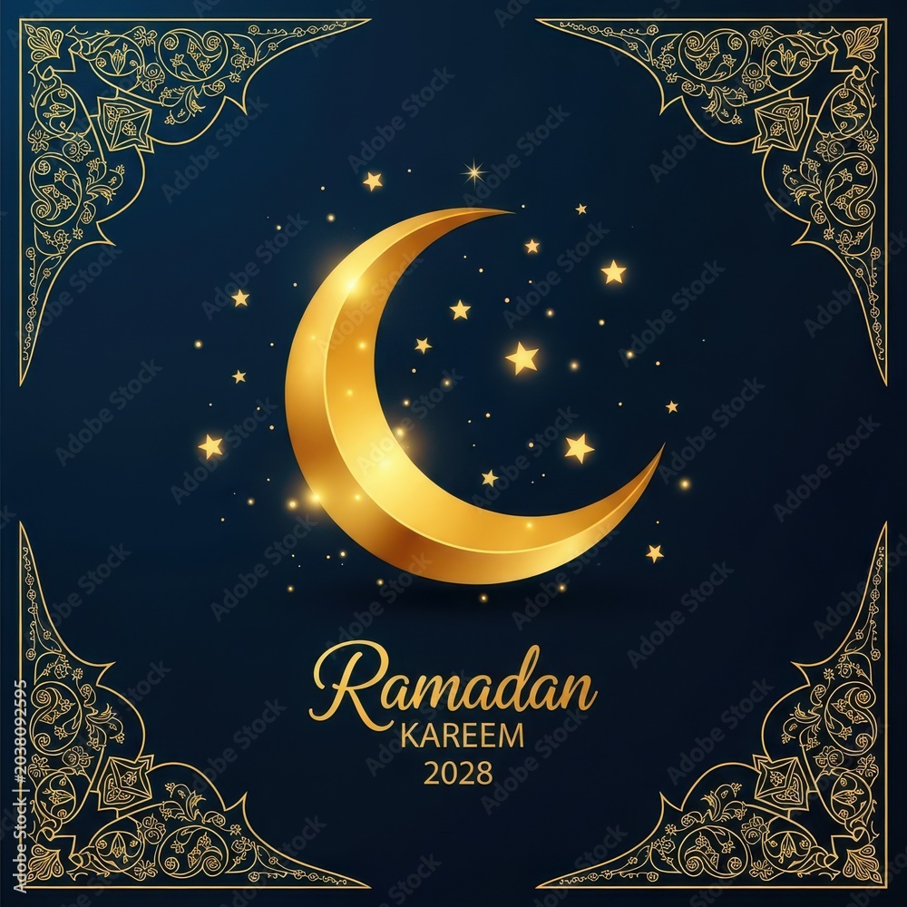 Fototapeta premium Golden crescent moon with stars and arabic calligraphy for ramadan kareem 2023
