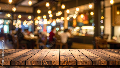 Warm, inviting restaurant interior with glowing bokeh lights and a rustic wooden table in the foreground, suggesting a cozy dining experience, atmosphere, ambiance