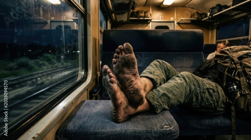 Schilderij op canvas Traveler resting with bare dirty soles on a train seat at night