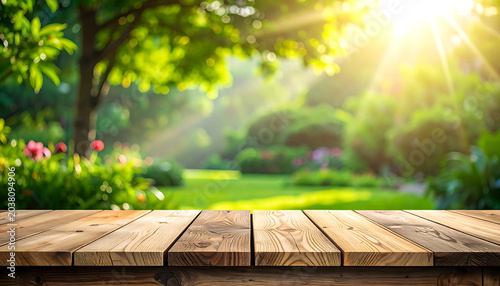 Warm sunny garden scene with a wooden table in the foreground, lush green grass, flowers, and trees bathed in golden light, perfect for spring or summer concepts