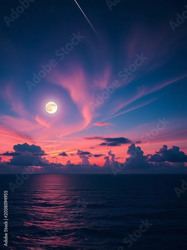 Serene evening view of the moon and meteor shower with colorful clouds above the ocean, moon, peaceful