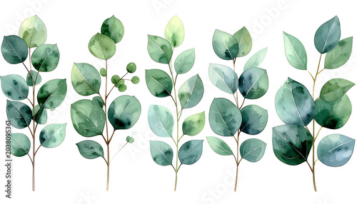 Watercolor eucalyptus branches with leaves, delicate botanical elements, perfect for natural design and decor