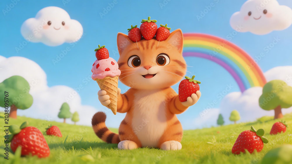 Naklejka premium Cute cat with ice cream and strawberries highlighting environmental conservation and serenity
