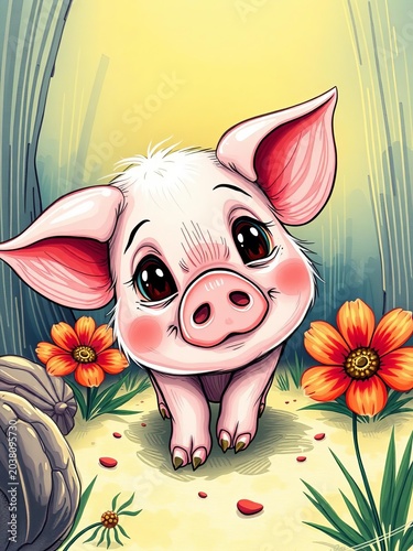 Piglet's curious gaze meets yours in this scratchboard-style illustration, white, board