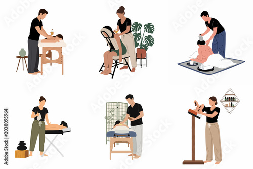 A collection of flat vector illustrations depicting professional massage therapists providing diverse spa treatments including back, chair, foot, and hot stone therapy.