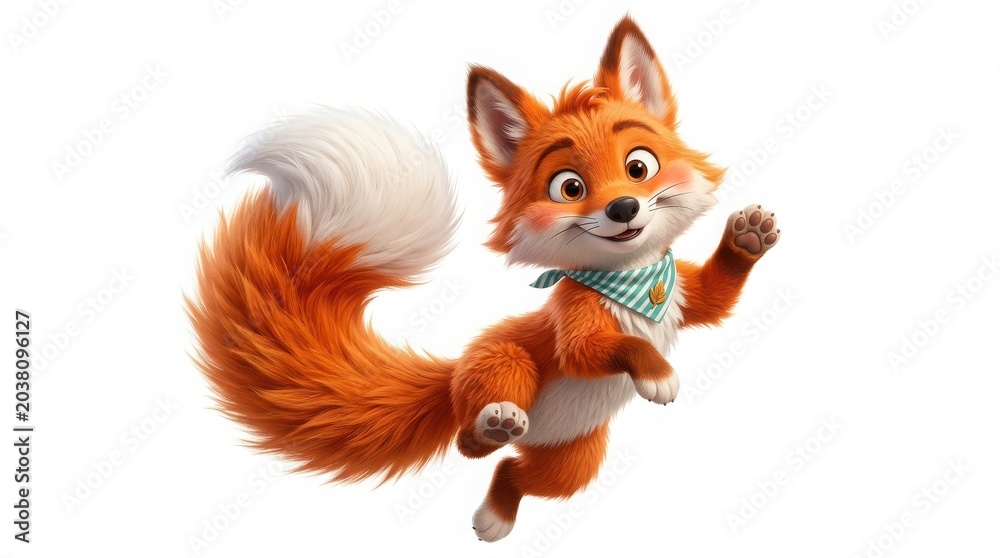 Fototapeta premium Cute cartoon fox character in dynamic pose with fluffy tail and scarf character illustration wildlife whimsical adorable friendly