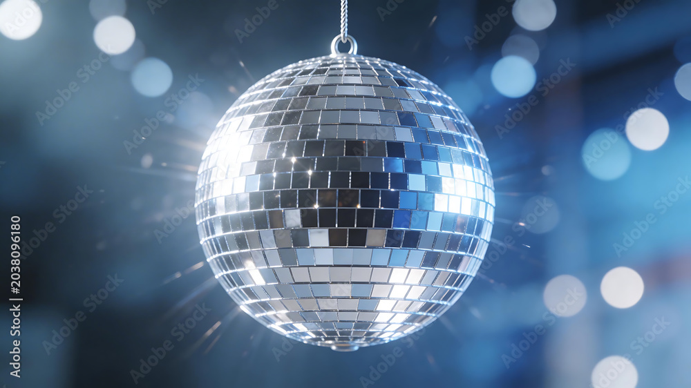 Obraz premium Shiny disco ball hanging with light reflections emphasizing modern aesthetics and minimalist design