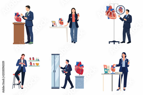 Quadro su tela Flat vector illustration set of cardiologists and medical professionals studying anatomical heart models for healthcare education, clinical research, and cardiology concepts