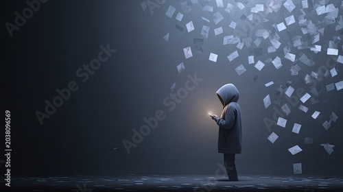 A person in a hooded coat stands in a dark space illuminated by a phone, surrounded by floating envelopes symbolizing digital or physical communication.