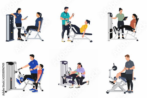 Set of flat vector illustrations featuring diverse people exercising on leg machines with personal trainers in a gym, highlighting health and fitness.